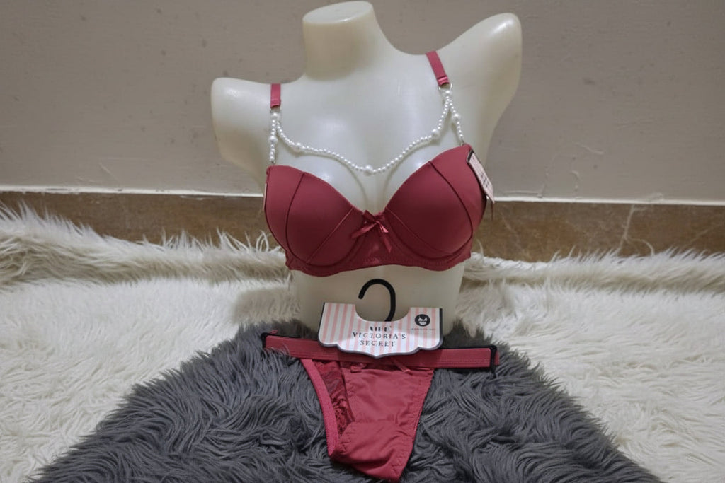 BLS Luxe Rosewood Bra & Thong Set - Beaded Straps & Padded Cups